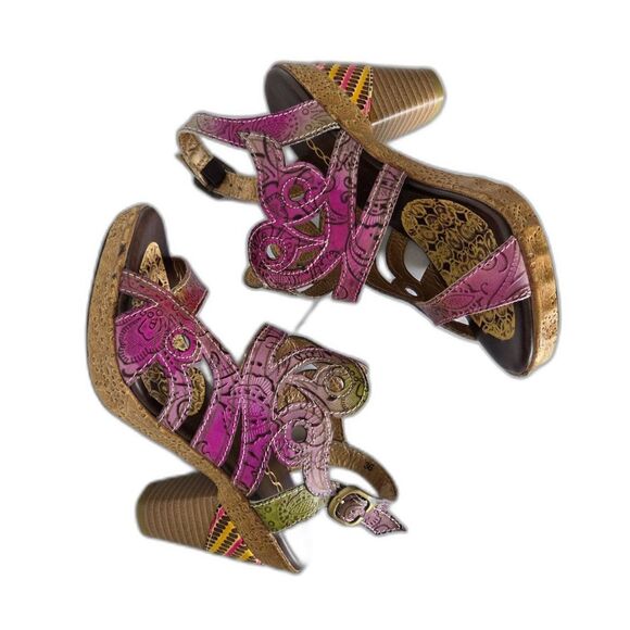 SOCOFY Leather Boho Platform Sandals Pink Floral Tooled Heels Sz 6/36 Artsy Chic - Picture 4 of 8